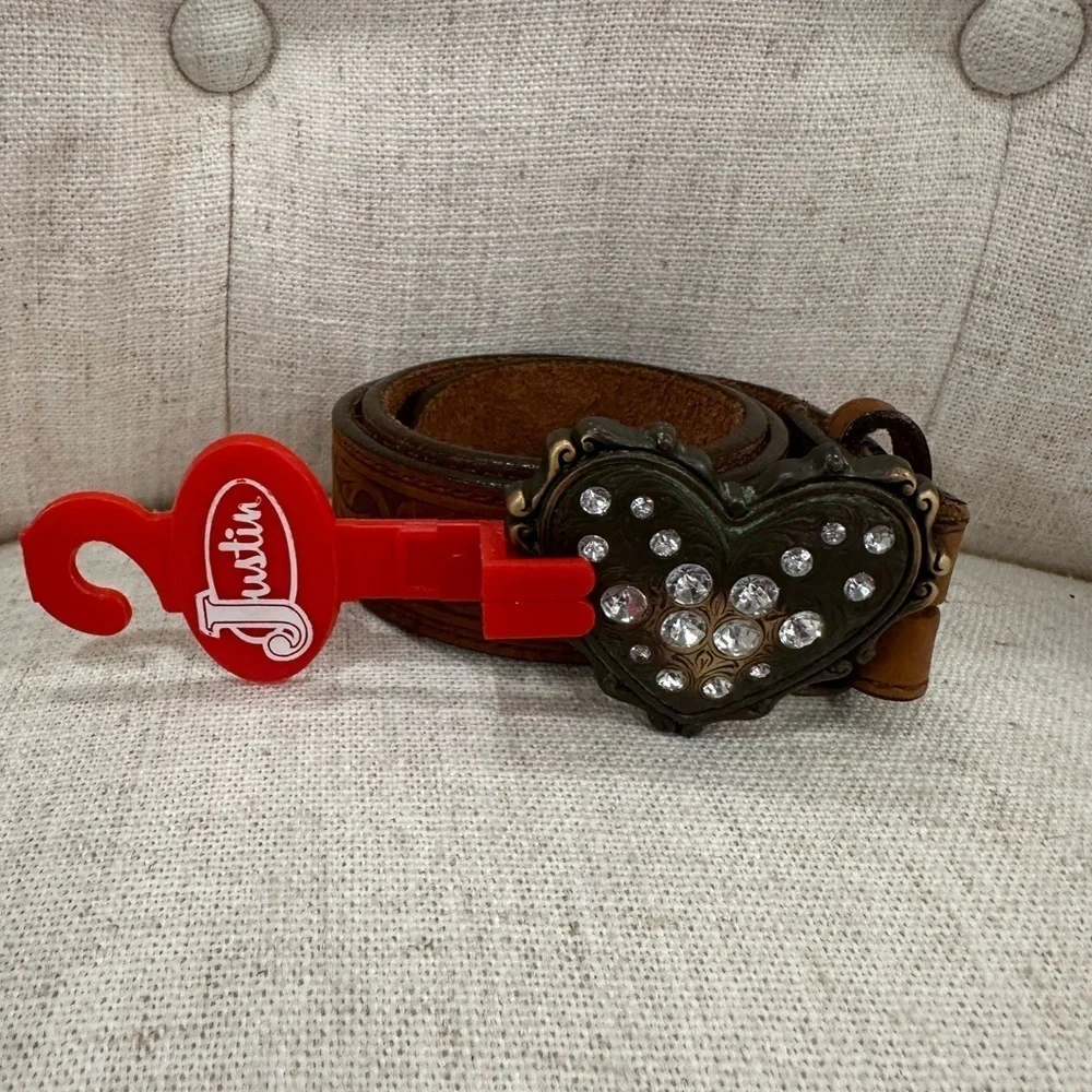 NEW Justin Boots Girls 20 Brown Leather Embellished Belt Heart Rhinstone Buckle